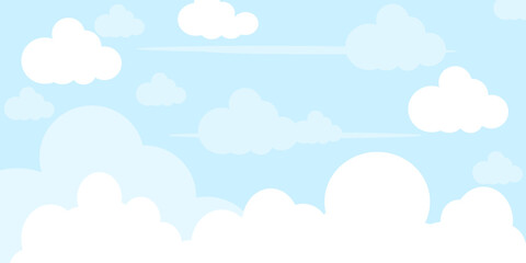 Illustration of a blue sky with white clouds in a flat style. Blue sky background and white clouds. Cartoon sky	