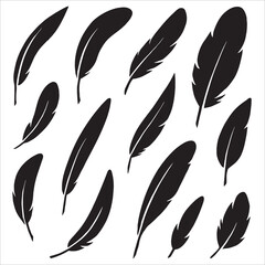 Black Feather Silhouettes Vector Set: Bird Plumage, Quills, and Vintage Pen Design Elements
