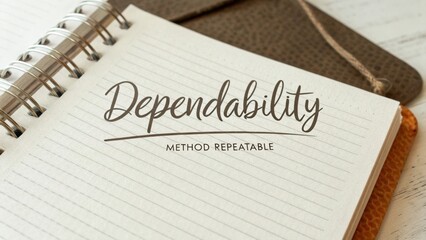 Inspirational handwritten word dependability with a notebook and leather cover on a rustic wooden table background