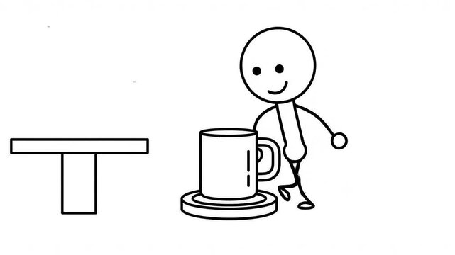 Simple Stick Figure Character Smiles While Holding a Large Mug Over a Coaster on a White Background