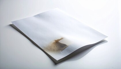 White paper sheet with a brown coffee stain on a clean white background, showing a common accident or mess.