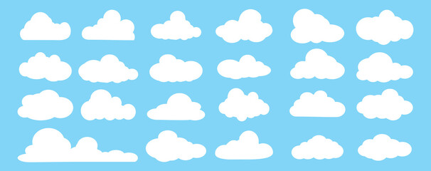 set of vector illustrations of clumpy clouds, cloud bubbles in flat style on a blue background	