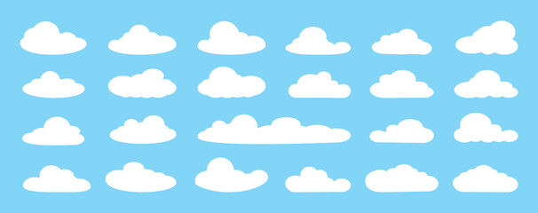 set of vector illustrations of clumpy clouds, cloud bubbles in flat style on a blue background	