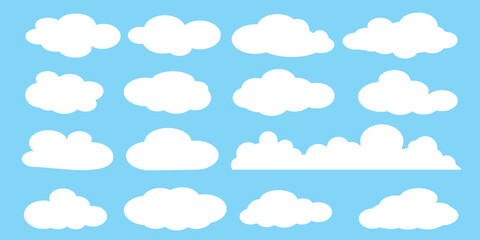 set of vector illustrations of clumpy clouds, cloud bubbles in flat style on a blue background