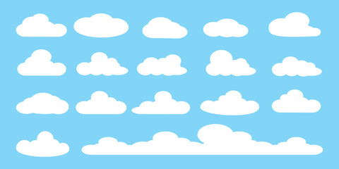 set of vector illustrations of clumpy clouds, cloud bubbles in flat style on a blue background