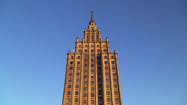 Picturesque view of Latvian Academy of Sciences, a Soviet Classicism style building in Riga, the capital of Latvia.