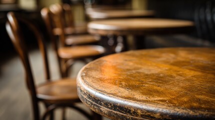 Vintage Furniture With Wooden Polish Background Shows Polished Table and Blurred Chairs in Rustic Setting of a Cafe