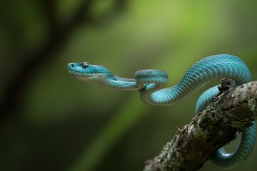 Fototapeta premium Closeup of a blue viper snake perched on a branch in the jungle
