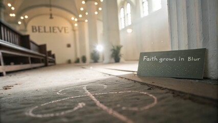 Inspirational message on stone floor in abandoned building with light and plant, symbolizing hope and faith in challenging times