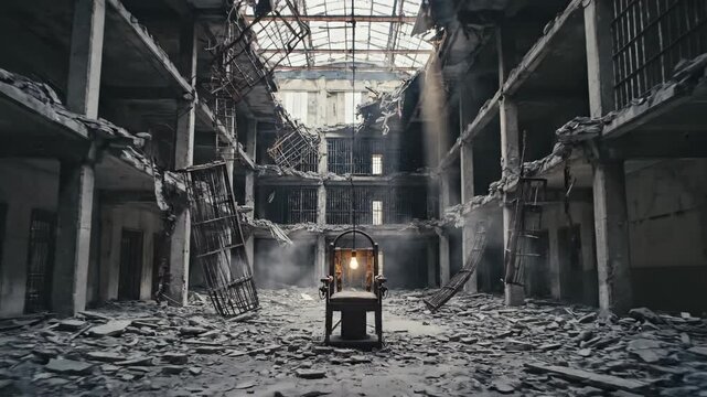 Dramatic low key electric chair with glowing lightbulb sits amid desolate gray rubble inside a ruined prison hall