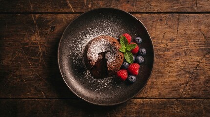 Gourmet Chocolate Lava Cake on Dark Plate, Upscale Dessert, Moody Food Photography