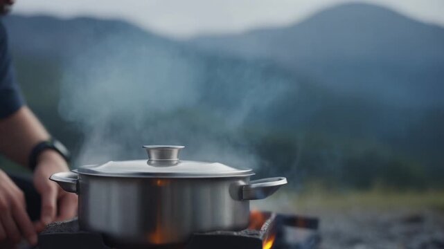 Close up of a steaming pot on an open fire during a tranquil mountain camping trip at dusk with copy space