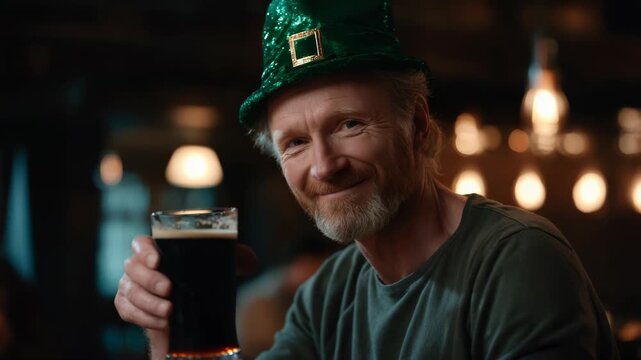 Smiling man toasting with dark beer at pub for Saint Patrick's Day