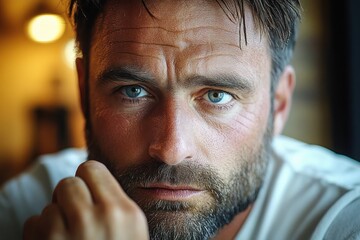 Close-up portrait of a serious bearded man with blue eyes looking intensely into the camera in a softly lit indoor environment