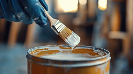 Close-up of a hand wearing a blue glove holding a paintbrush dripping white paint into an open brown paint can with blurred background