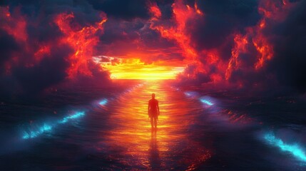 silhouette of a person walking along a glowing golden water path surrounded by fiery red and dark clouds at sunset