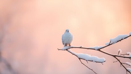A beautiful white dove perched on a snow covered branch in a winter wonderland at sunset with pink sky