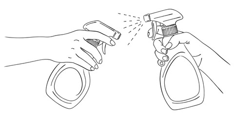スプレーボトル（洗剤）を使う手のイラストセット（掃除・除菌）,クリーナー,噴射,家事,日用品,シンプル,ベクター, 線画 © DROP DESIGN STUDIO