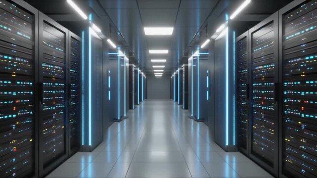 Futuristic corridor of a AI modern data center with rows of glowing server racks for cloud computing and big data storage
