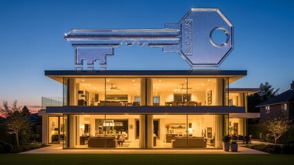 A giant symbolic key resting on the roof of a luxurious modern glass house at night, representing the concept of home ownership, real estate, and property investment
