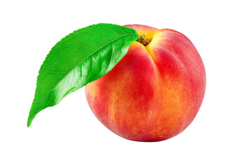 fresh peach with leaf isolated on transparent background.