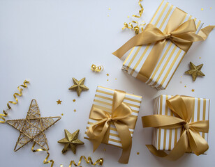 Elegant Gold and White Holiday Gift Flat Lay