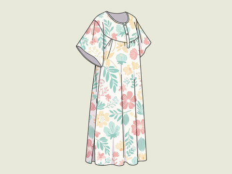 Colorful floral print summer caftan dress vector illustration.