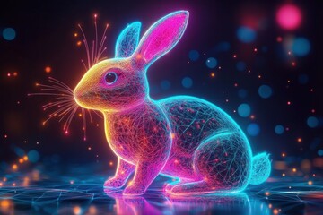 Digital neon wireframe rabbit glowing with vibrant blue, pink, and orange lights in a dark, futuristic space with floating bokeh orbs