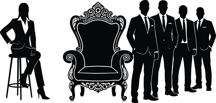 Powerful female CEO silhouette on stool, majestic throne, business team in suits, corporate success, leadership, ambition, wealth, elegant vector illustration.