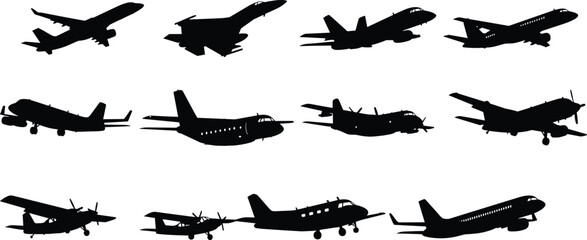 Set of Black Silhouette Airplanes and Military Aircraft Taking Off Isolated on White Background Vector Illustration