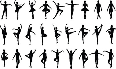 Set of Black Silhouettes of Ballet Dancers Male and Female Performing Various Elegant Poses Isolated on White
