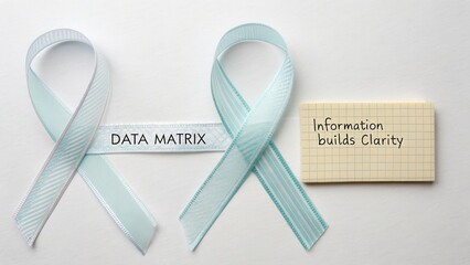 Light Blue Ribbon with Text Data Matrix Next to Sticky Note Saying Information Builds Clarity on White Background