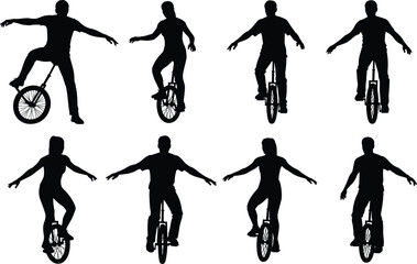 Set of eight black vector silhouettes of men and women riding unicycles balancing isolated on white background.