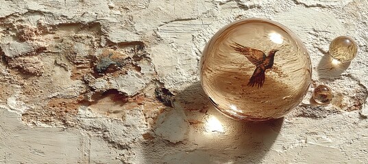 a glossy object with a bird image on it hangs upside down on a worn, textured surface