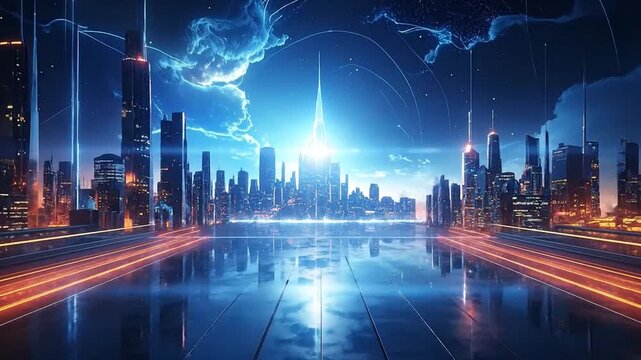Futuristic Cityscape with Glowing Lights and Digital Connections