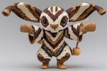 a knitted toy resembling an animal with striped patterns