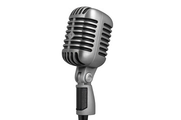 Fototapeta premium Vintage silver microphone standing on a transparent background, representing music recording, broadcasting, and live performance