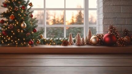 Festive holiday window sill decorated with lit Christmas tree, pine cones, small wrapped cone trees and red and gold baubles during warm sunset