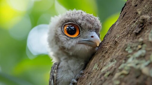 Adorable Potoo Bird Chick Peeking from Tree Trunk with Big Orange Eyes.