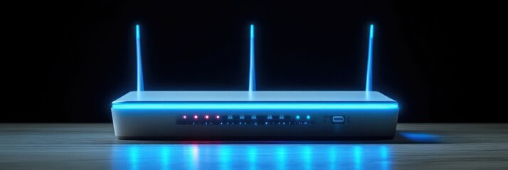 modern white wireless router with three antennas lit by blue and red indicator lights placed on wooden surface with dark background