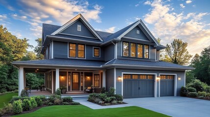 Obraz premium Large two-story modern suburban house with blue siding, multiple windows, front porch, double garage, landscaped garden, and evening sky