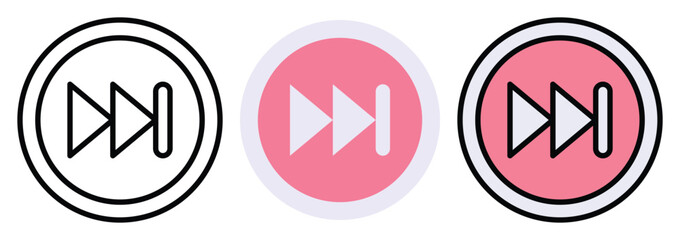Skip Next Media Button Vector Icon Set in Outline, Colour And Flat Style