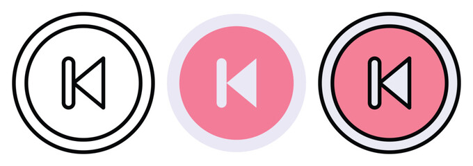 Previous Media Button Vector Icon Set in Outline, Colour And Flat Style