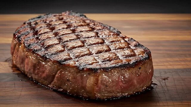 Juicy Grilled Steak with Perfect Grill Marks on Wooden Board Close Up