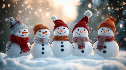 Five cheerful snowmen wearing colorful knitted hats and scarves standing close together in fresh snow with a soft glowing background