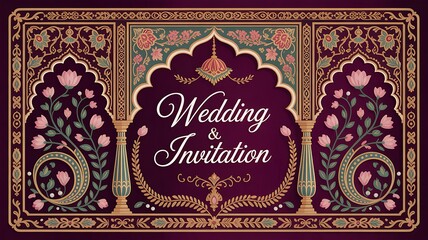 Traditional Mughal wedding invitation card design. Traditional Mughal garden arch, plant, peacock, illustration frame for Invitation.