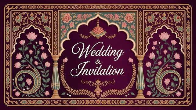 Traditional Mughal wedding invitation card design. Traditional Mughal garden arch, plant, peacock, illustration frame for Invitation.