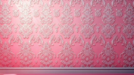 Decorative pink wall with intricate white floral damask patterns and a white trim at the bottom creating an elegant vintage interior design