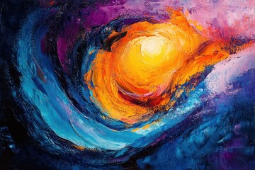 Abstract swirling vortex of bold blue, purple, and orange colors with bright warm light at center emitting energy and motion