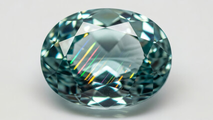 A close-up studio shot of a beautiful oval-cut blue-green gemstone with brilliant facets and internal light reflections on a white background.
